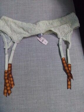 Victorias Secret Ivory Lace Garter Belt with Plaid Ribbon Accents